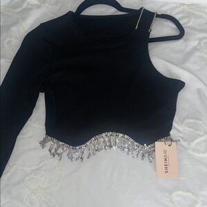 SHEIN Black One-Shoulder Crop Top with Sparkling Fringe